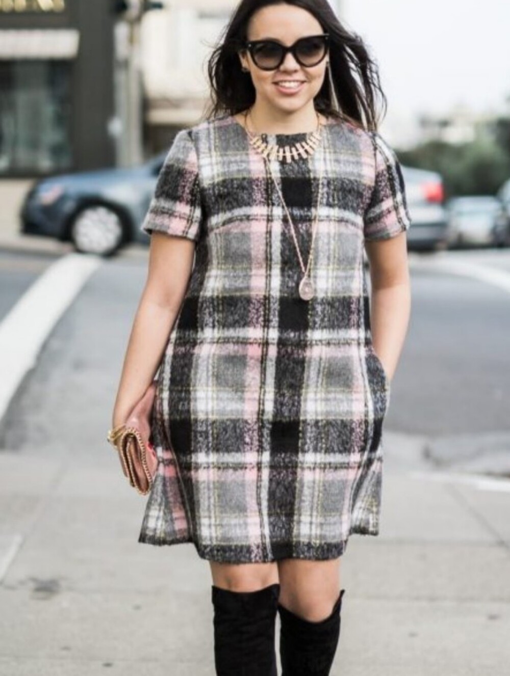 Anthropologie  Line And Dot Pink, Black and Cream Plaid Short Sleeve Shift Dress